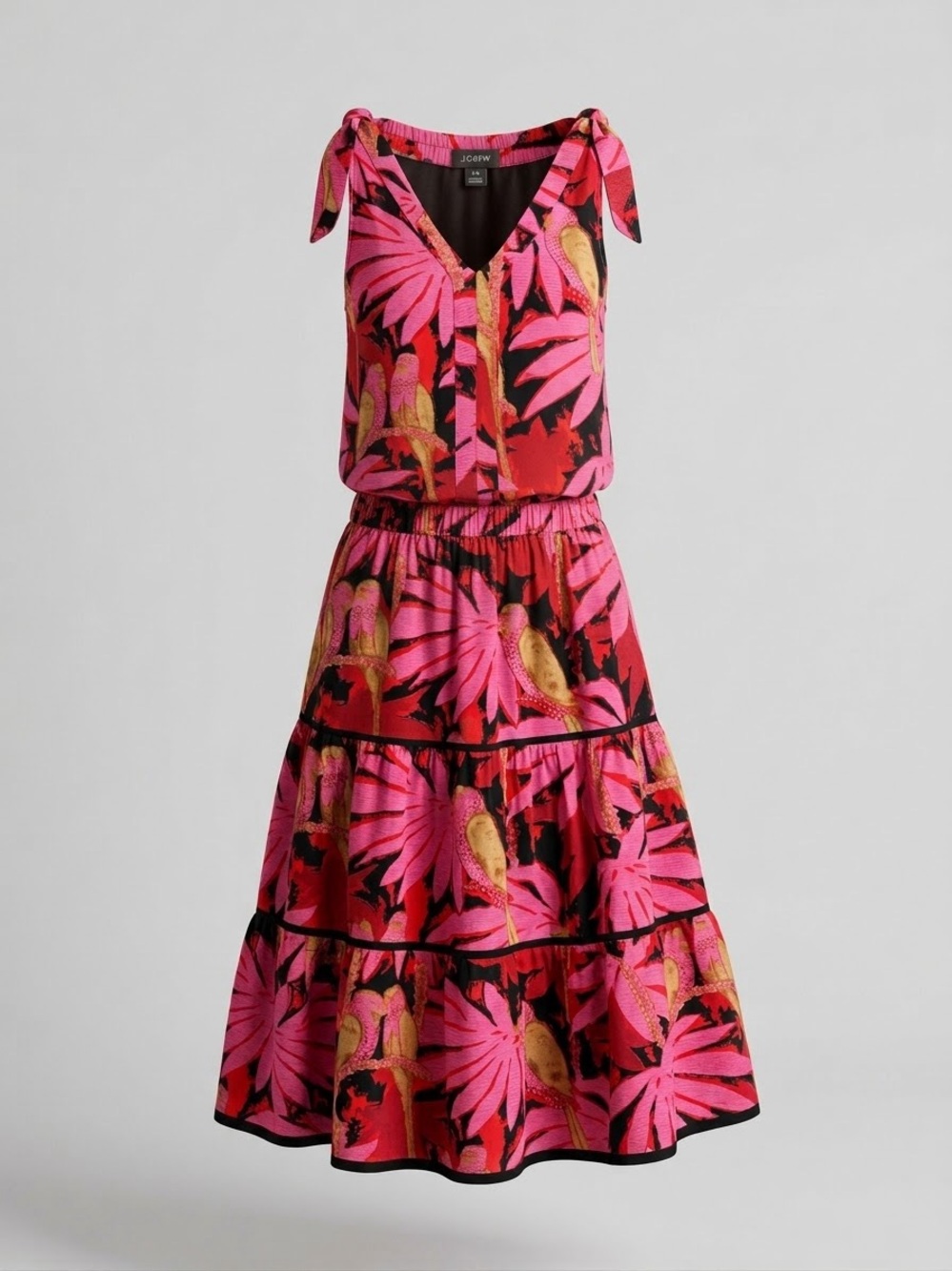 J.Crew Tropical Palm Print 2 Piece Set XS Tie Tank Tiered Midi Skirt Pink⁠